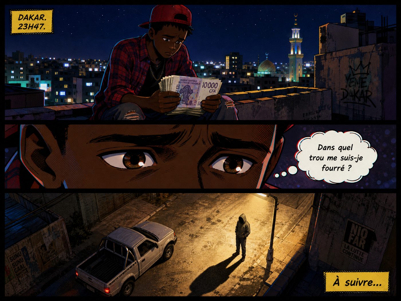 Planche de nuit : Ouz sur un toit de Dakar avec des billets, Mike attend en bas